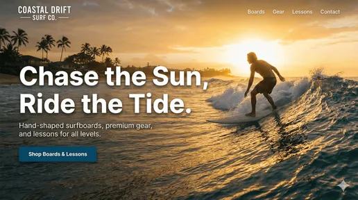 Website design mockup for a surf shop offering boards and lessons