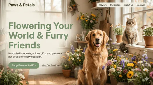 Website design mockup for a florist and pet supplies store