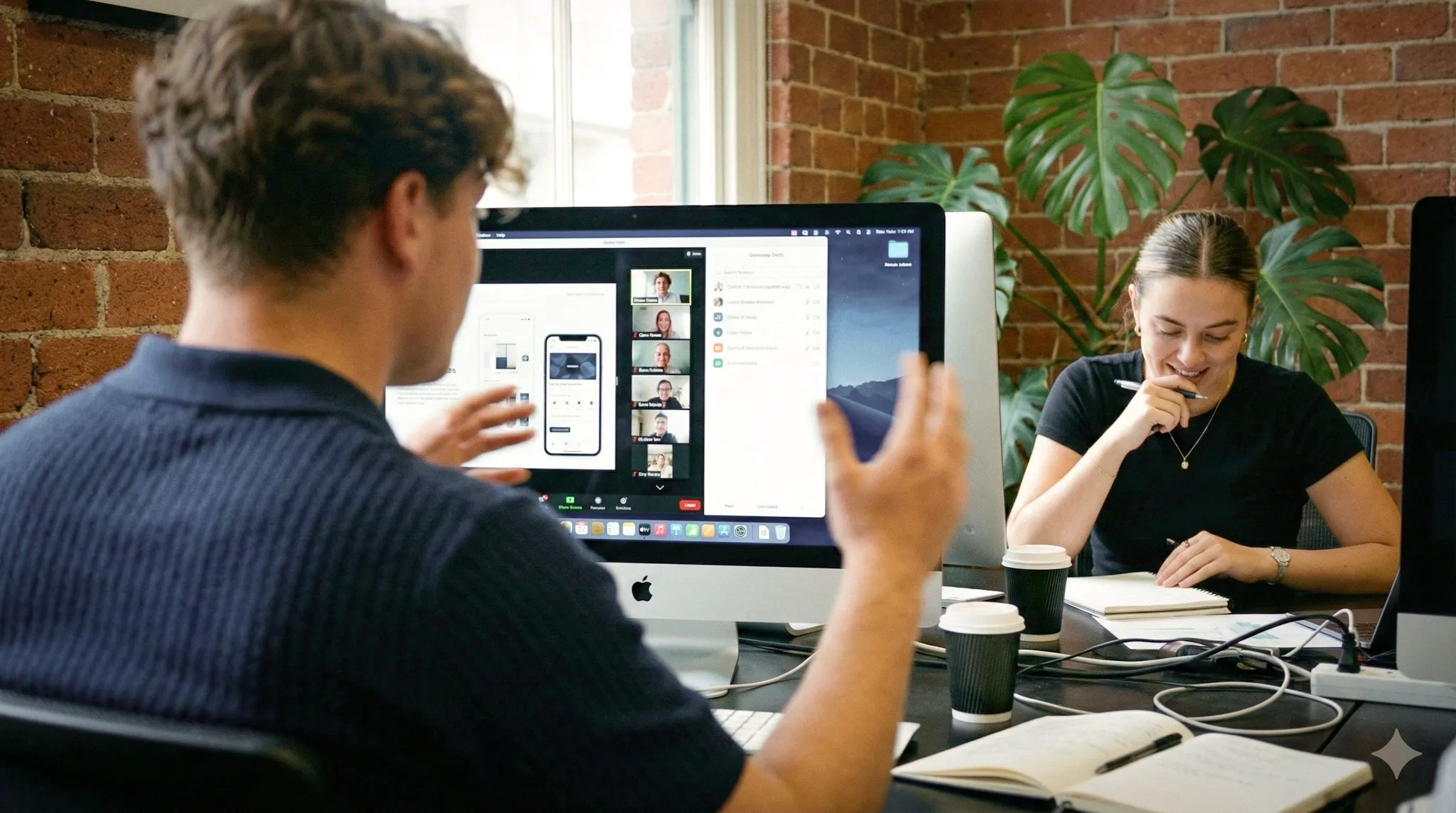 Two colleagues at a desk reviewing a website design on a large monitor and a phone.