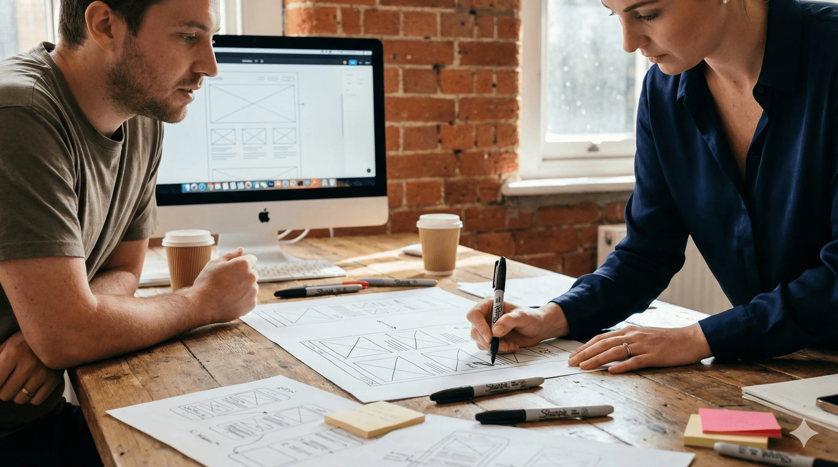 Two people marking up printed page wireframes at a desk, with a layout open on the monitor behind them.