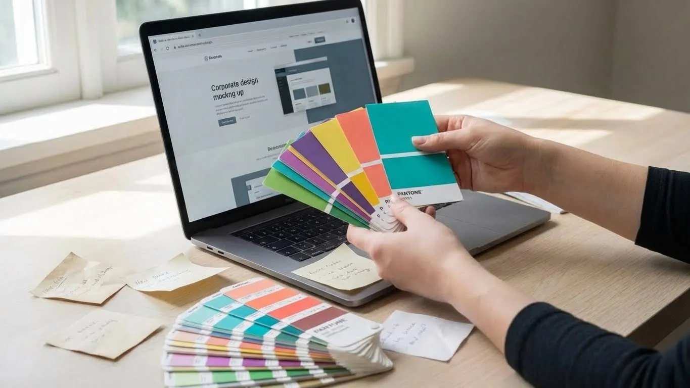 Hands holding a fan of printed colour swatches beside a laptop showing a website design.