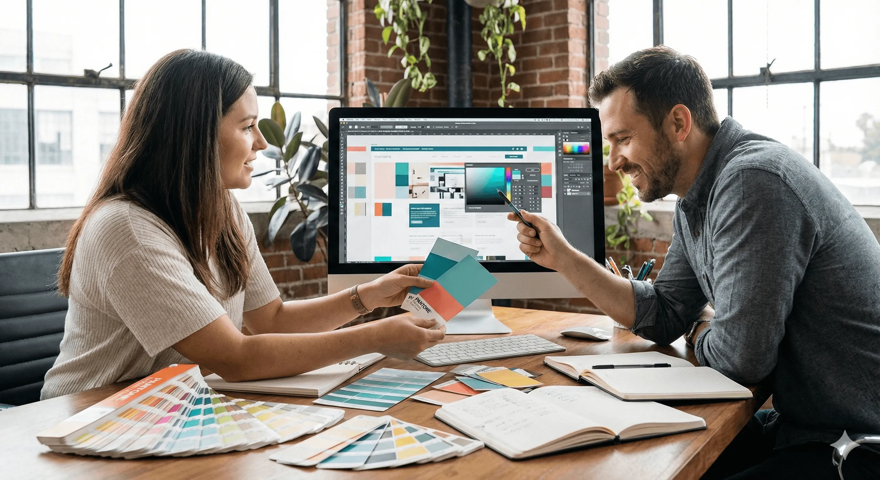Two people talking across a desk covered in colour swatches, with a design open on the monitor between them.