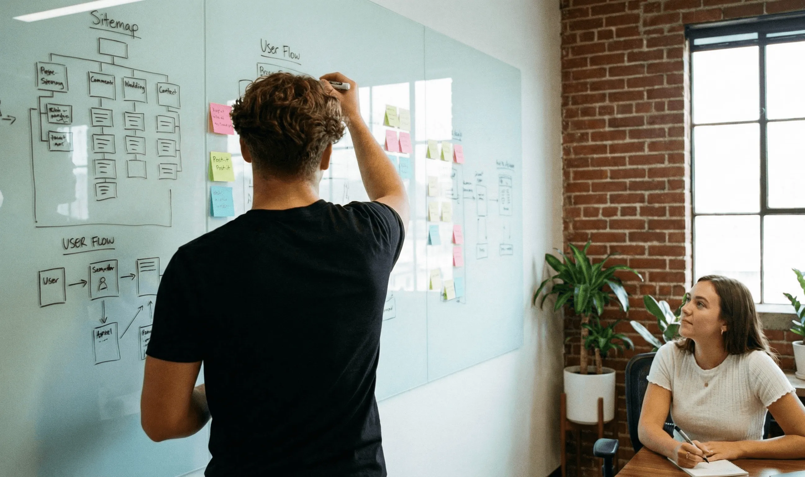 A designer drawing a sitemap and user flow on a whiteboard while a colleague looks on