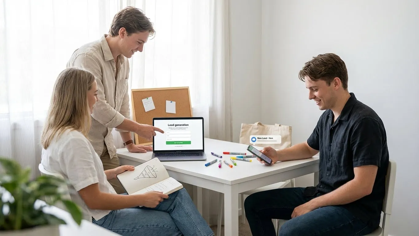 Three people looking at a lead capture form on a laptop and a new lead alert on a phone.