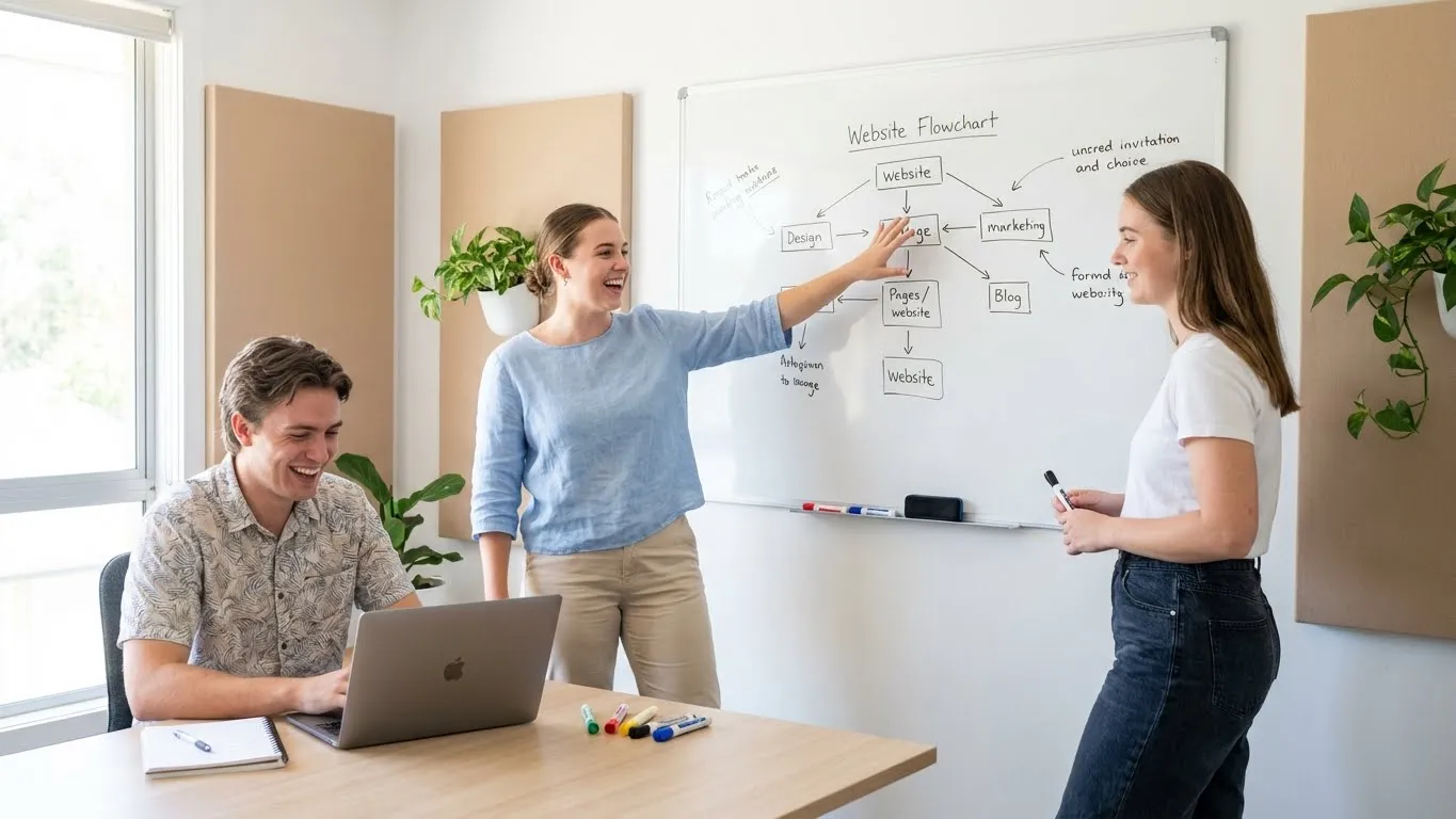 Two colleagues at a whiteboard mapping a website flowchart while a third works on a laptop.