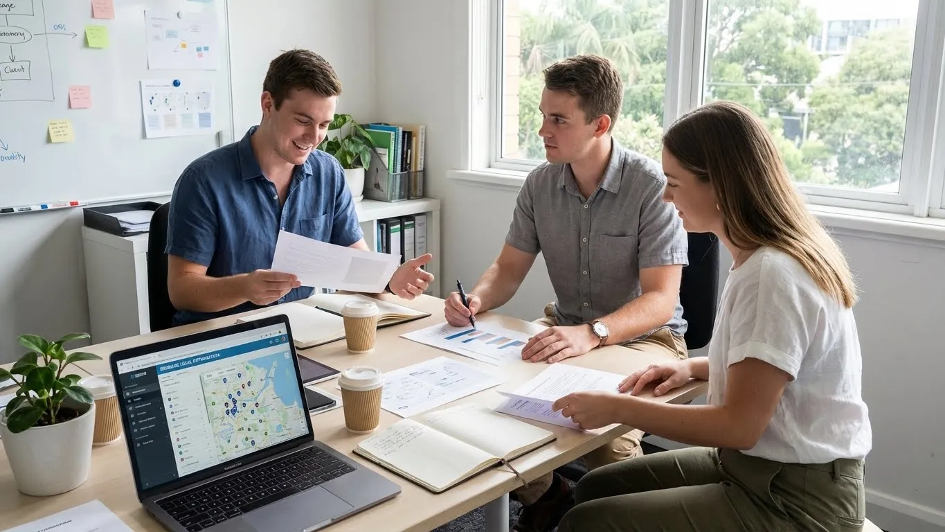 Three people in an office reviewing a local search map on a laptop.