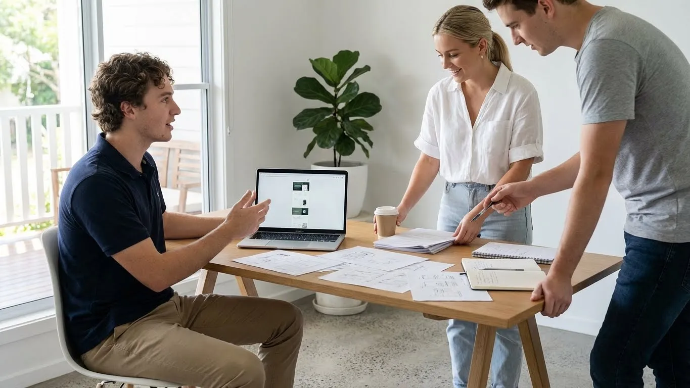 Three people around a dining table looking at a website design on a laptop.