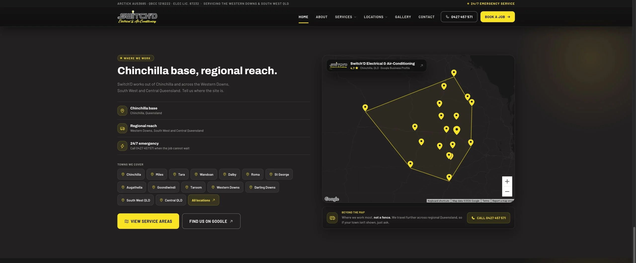 Chinchilla base, regional reach: the coverage section with service towns and the Google Business Profile