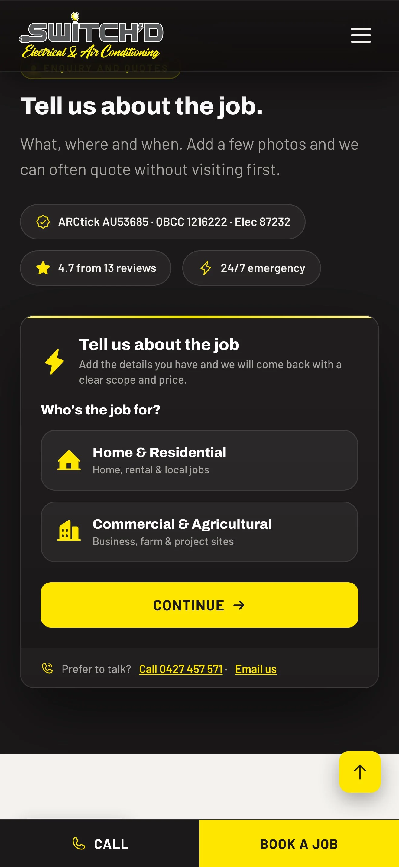 The enquiry form on a phone, opening with who the job is for