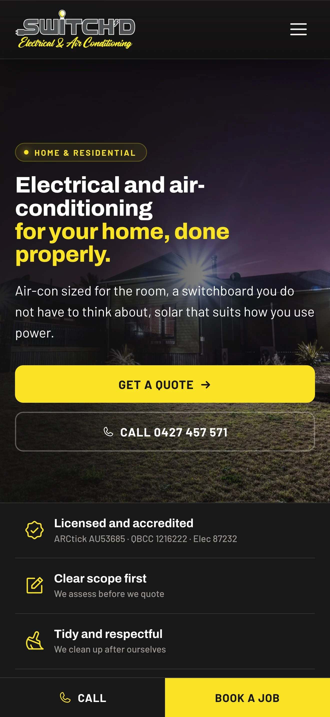 The home and residential page on a phone