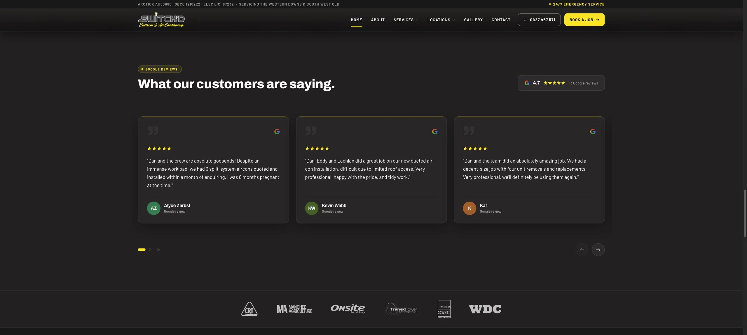 Customer reviews and client logos on the Switch’D homepage
